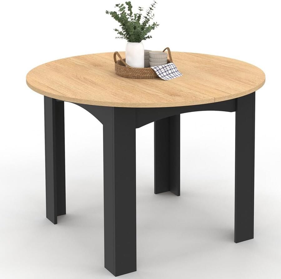 Ronde eettafel 110 cm zwart onderstel met beukenhouten tafelblad geschikt voor 4–6 personen