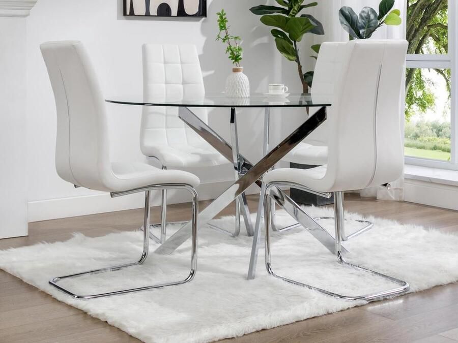 Vente-unique Ronde eettafel – 6 personen – Gehard glas en verchroomd metaal – Transparant – COSIMA L 140 cm x H 77 cm x D 140 cm