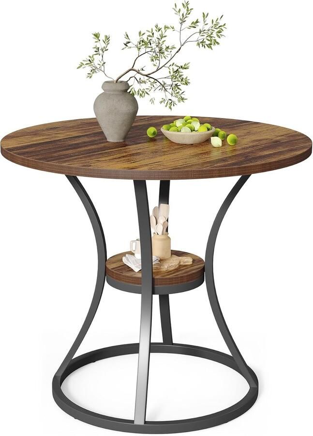 Ronde Eettafel 80 cm Keukentafel voor 2-4 Personen Kleine Eettafel met Opbergruimte en Metalen Onderstel Landelijk Bruin (Alleen Tafel)