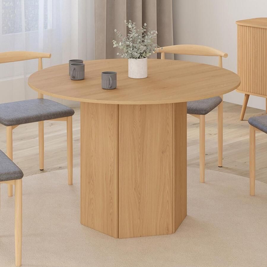Ronde eettafel Berthe – 110 cm geschikt voor 6 personen met zeshoekige poten in beukenlook