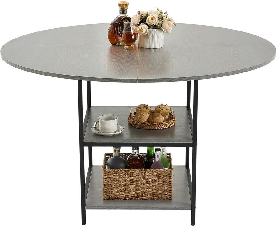 Ronde eettafel keukentafel houten tafel (120 cm 136 1 kg draagvermogen) voor 2-4 personen moderne vrijetijdstafels met legplank en metalen poten voor keuken thuis woonkamer grijs (alleen tafel)