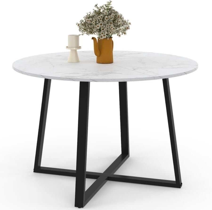 Ronde eettafel Selma vast 4-6 personen tafelblad met marmereffect wit zwart onderstel Ø110 cm