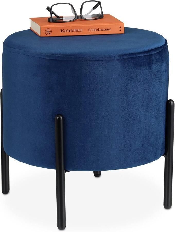 Ronde fluwelen hocker gepolsterde poef met zwarte metalen poten HxD: 38.5 x 40.5 cm velvet blauw