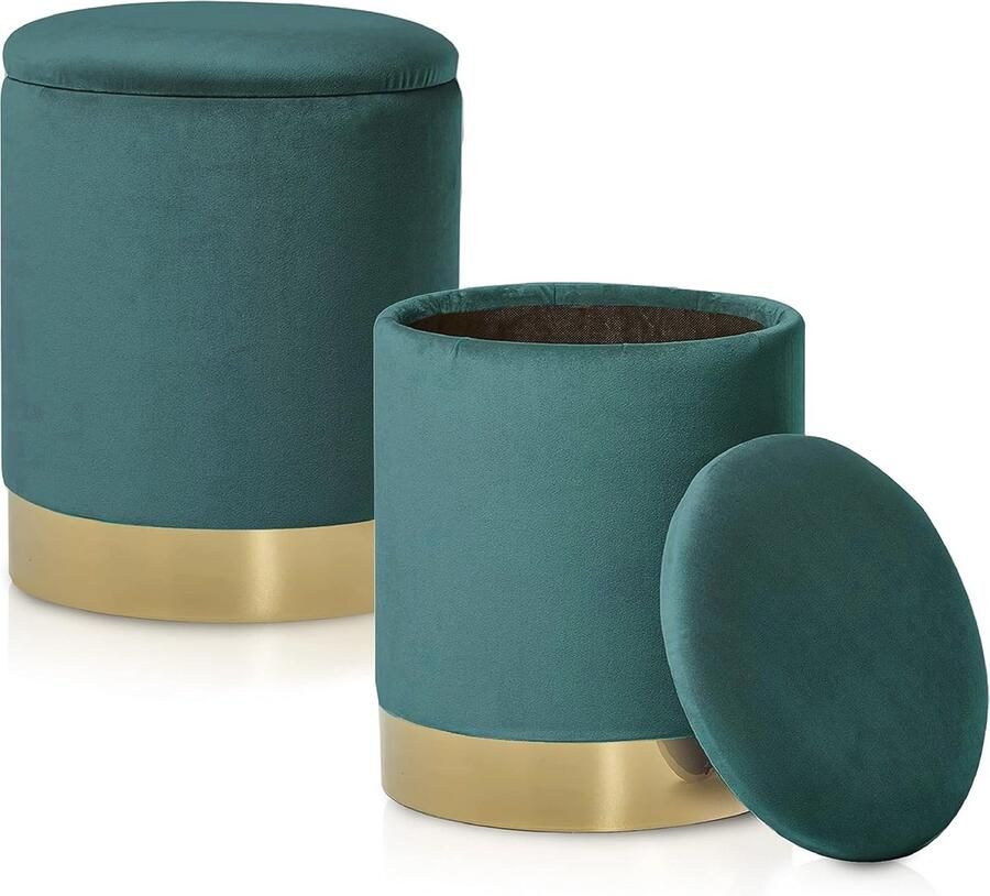 Ronde Fluwelen Kruk met Opbergruimte – Zinvolle Accessoire voor Woonkamer en Slaapkamer Ø 31 cm Hoogte 38 cm Turquoise
