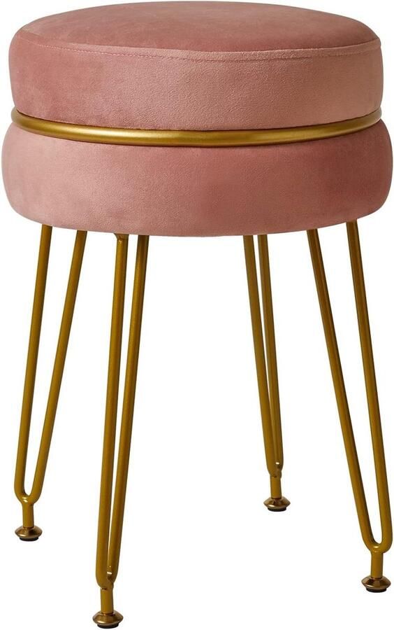 Ronde fluwelen voetenbank make-upstoel met gouden poten Roze L G-40P