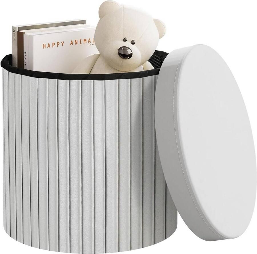 Rootz Living Rootz Ronde Fluwelen Opbergkruk Poef Crème Grijs Verborgen Opbergruimte Zachte Vulling 38cm x 36cm Elegant Ruches Design