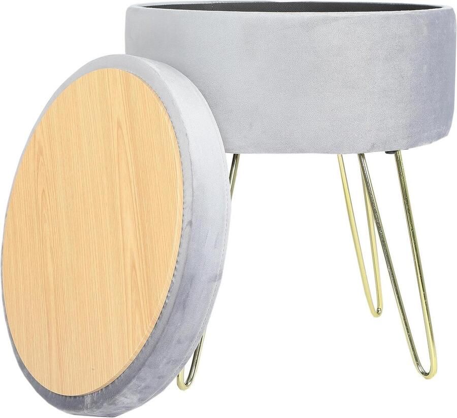 2-in-1 ronde fluwelen Ottomaan gestoffeerde voetenbank bijzettafel afneembare hoes slaapkamer woonkamer kruk (grijs)