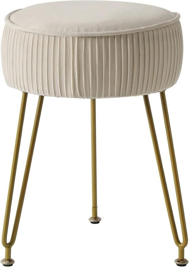 Ronde fluwelen voetenbankje make-uptafelkruk fluweel zittafel poef stalen poten goudkleurig crème-wit