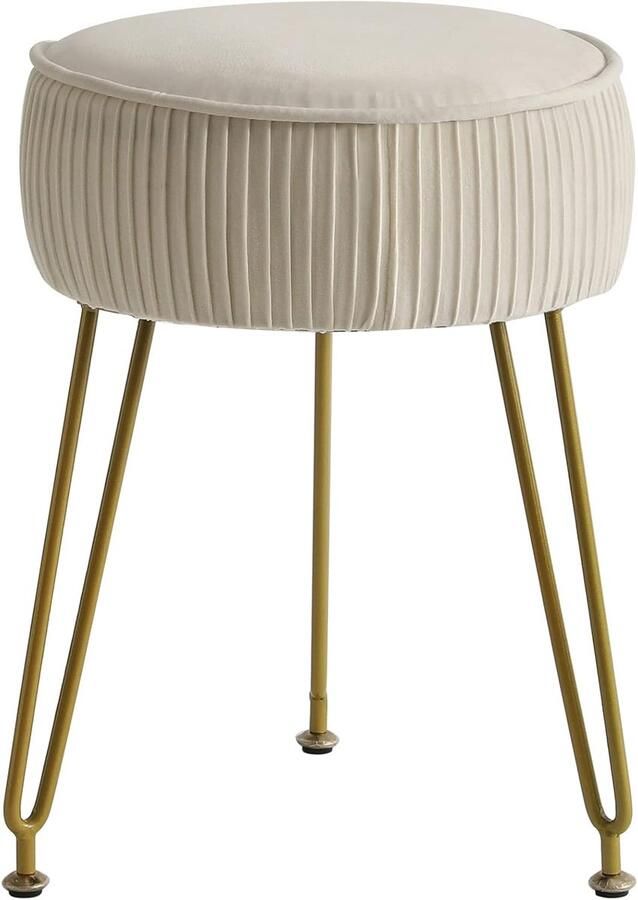 Ronde fluwelen voetenbankje met stalen poten in goudkleur