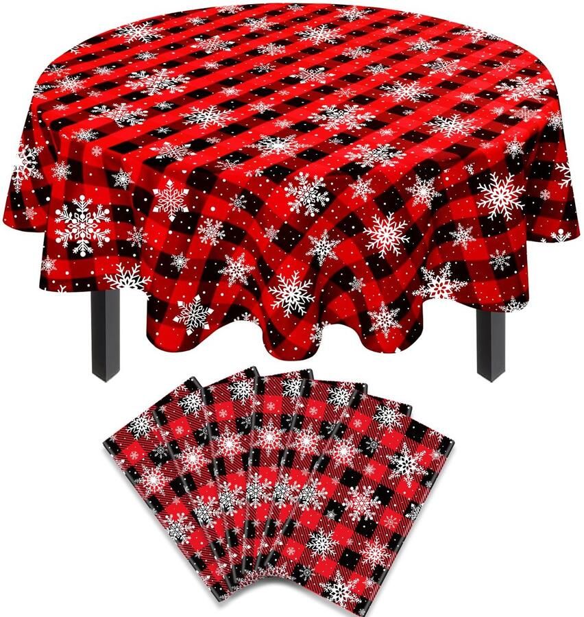 Ronde geruite kersttafelkleden set van 6 rood en zwart waterdicht