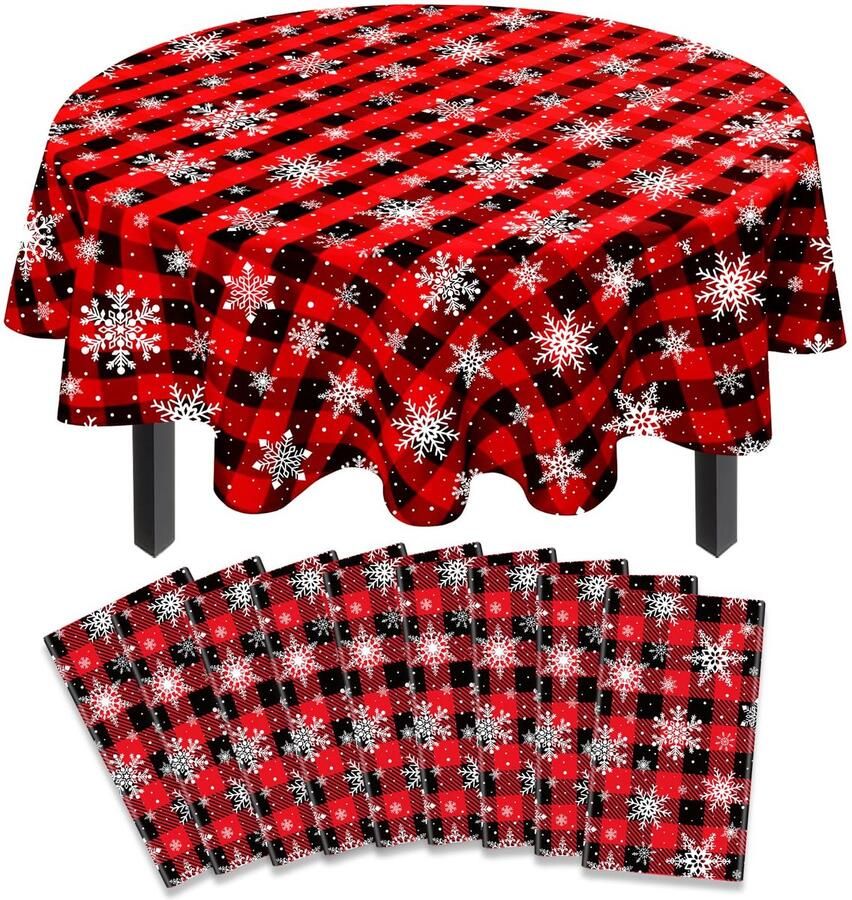 Ronde geruite kersttafelkleden set van 9 rood en zwart waterdicht