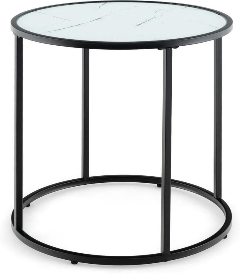 Ronde glazen bijzettafel 50 cm – Met metalen frame en marmeren effect blad modern zwart-wit