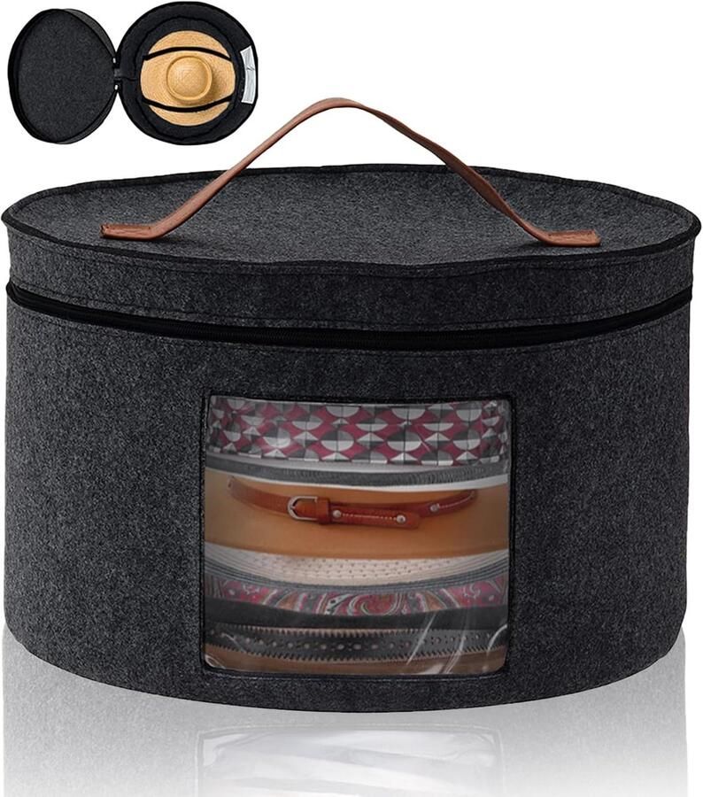 Ronde grijze hoedendoos – doos met opvouwbare hoeden stof met ooglid en ritssluiting lederen handgreep transparant venster hoedendoos 42 x 25 cm (donkergrijs) opbergdoos accessoires