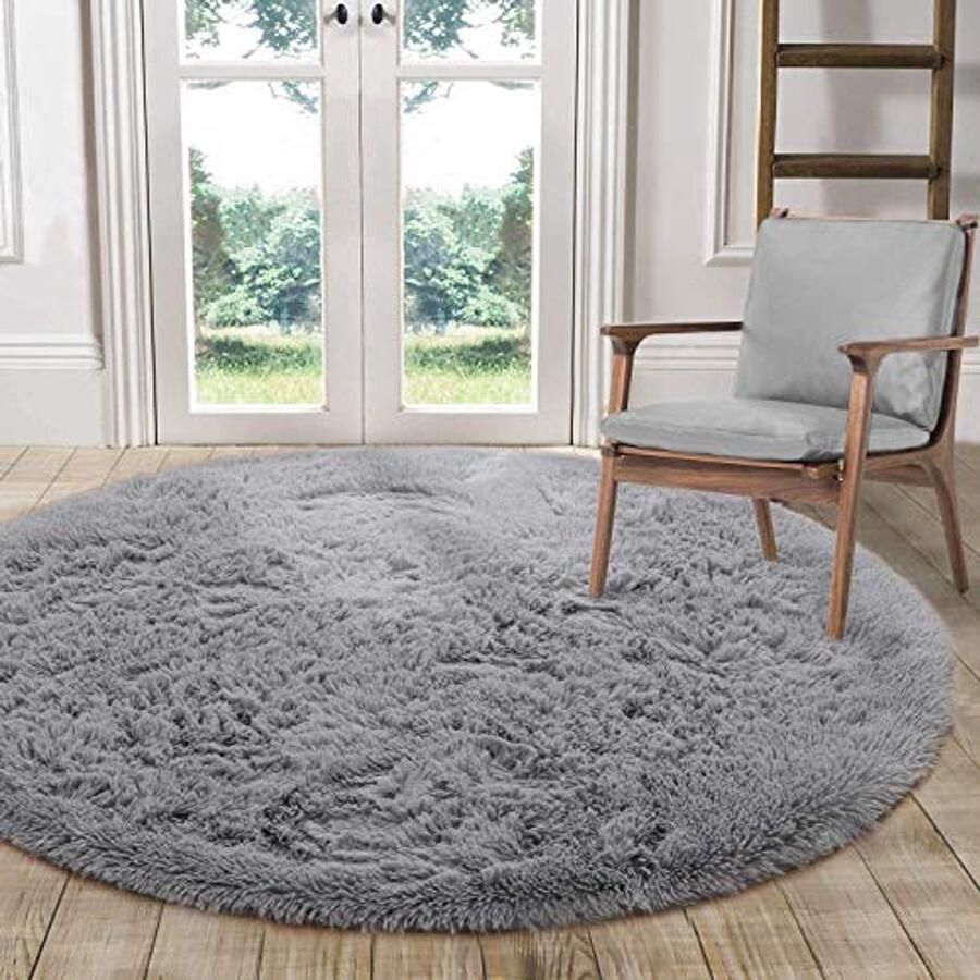 Ronde Hoogpolige Vloerkleed voor Slaapkamer Ultra Zacht en Antislip Modern Design (Grijs Diameter 140cm)