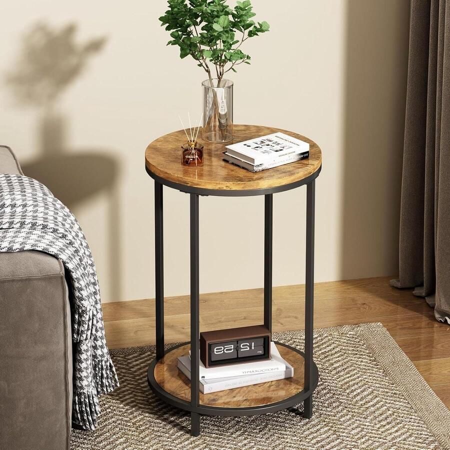 Ronde houten bijzettafel met metalen frame planken met 2 verdiepingen voor woonkamer en slaapkamer