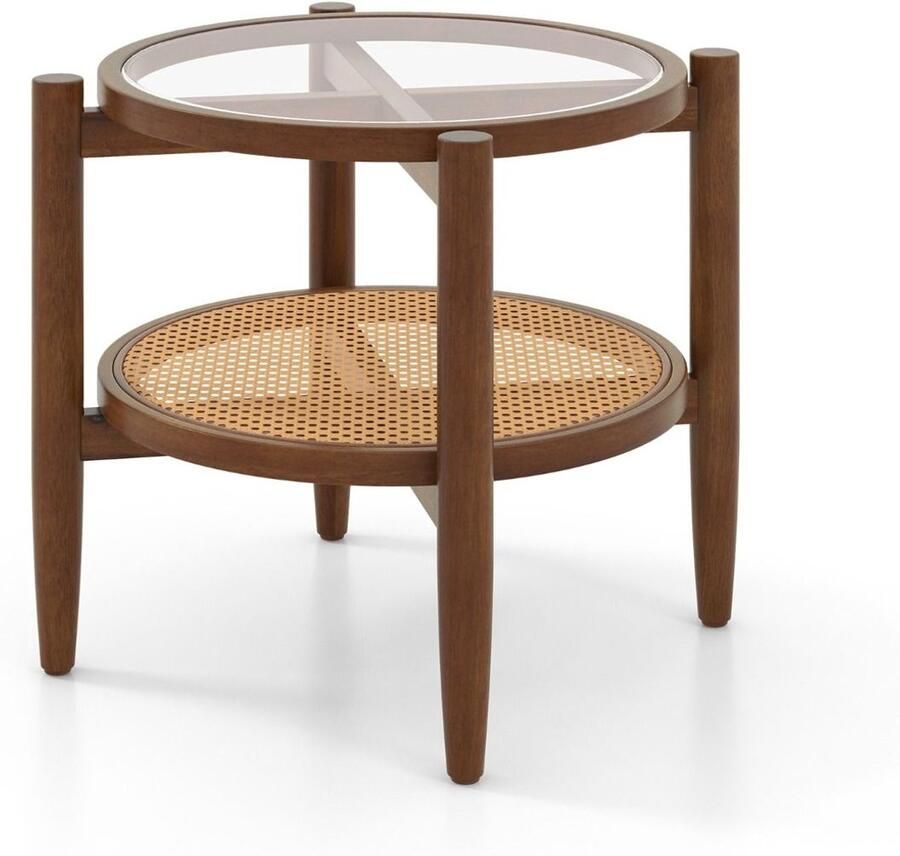 Ronde Houten Bijzettafel – Salontafel met Gehard Glas en PE Rotan Cannage Design 56 x 56 x 46 cm