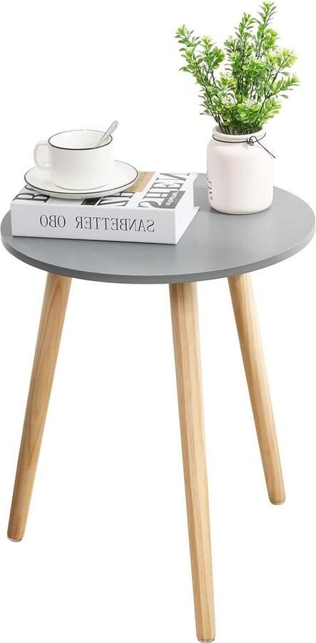 Ronde houten bijzettafels diameter 42 x 52 cm woonkamertafel nachtkastje met dienblad robuust grijs naturel Nachtkastje