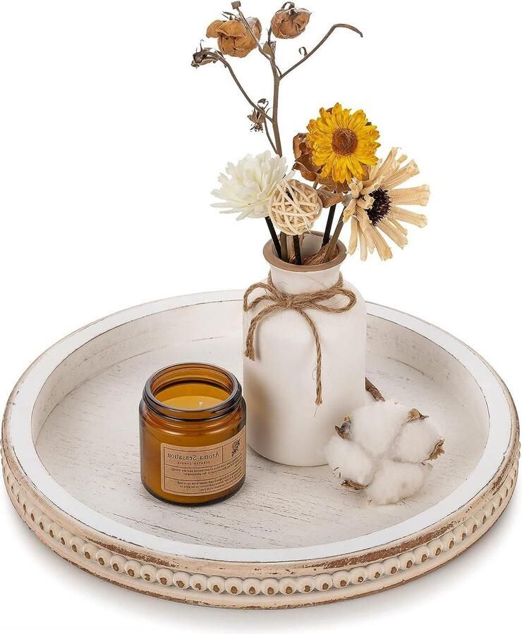 Ronde houten decoratieve lade wit gewassen kralen dienblad voor salontafel rustieke houten dienbladen boerderij keuken aanrecht vintage middelpunt voor woonkamer thuis badkamer