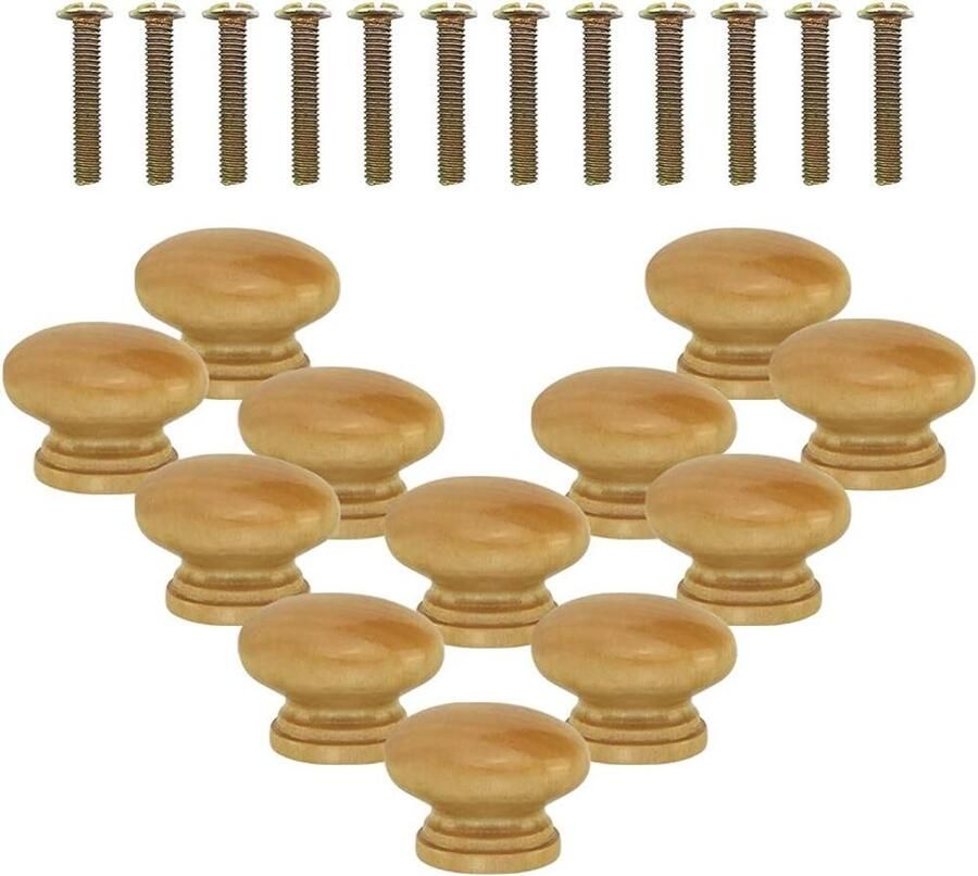 Ronde Houten Deur Lade Knoppen 12 STKS Natuurlijke Houten Handvat Ronde Paddestoel Kast Lade Knoppen Lade Trek Handvat met 12 Schroeven voor Dressoir Lade Garderobe Meubels 33mm