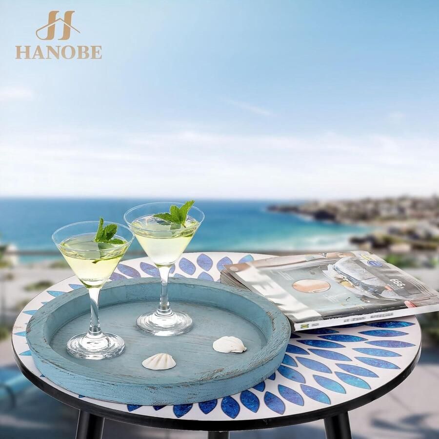 Ronde Houten Display Lade voor Koffietafel Kust Strand Decor Decoratief Dienblad voor Nautische Badkamer Zeeschelpen en Zeester Blauw Them Maritieme Accessoires Decoratieve Plaat met Zee Thema Koffietafel Decoratie 75 characters