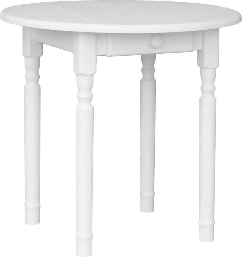 Ronde houten eettafel met lade in witte landhuisstijl