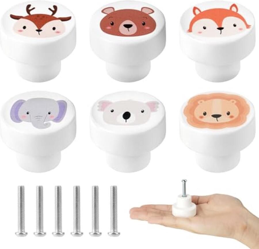 Ronde houten kastknoppen met dierenpatronen 6 stuks voor meubels