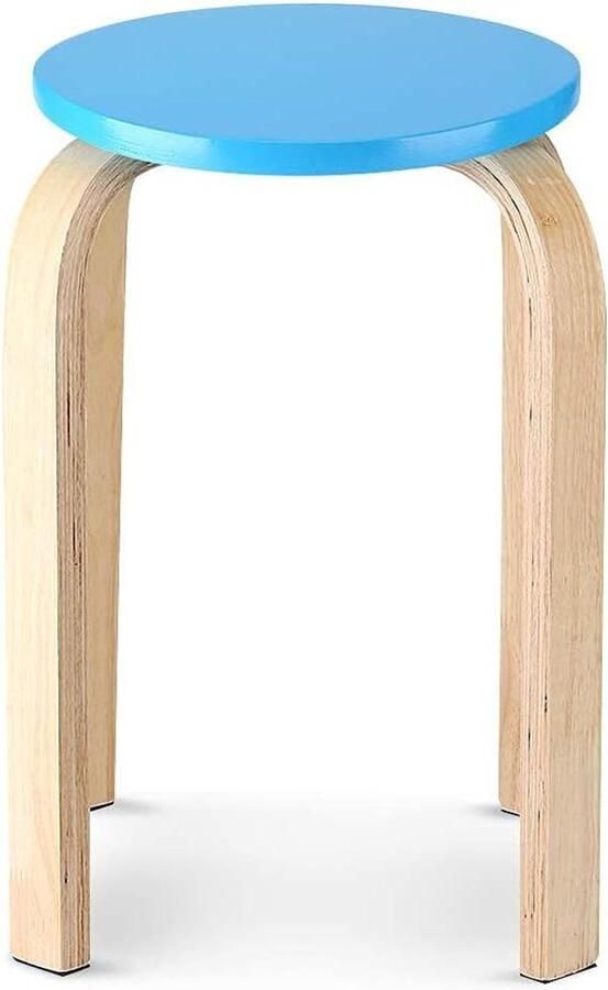 Ronde houten kruk Stapelbare gebogen houten kruk Stoel Snoepkleuren Tafelkruk Antislipwinkel Eenvoudige stoelkruk voor thuiskantoor Eetkamer Keuken Slaapkamer Restaurant zitdiameter 118 inch (Blauw)