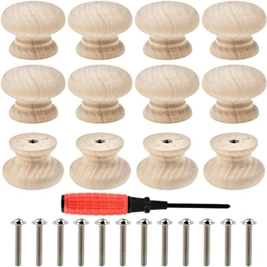 Ronde houten meubelknoppen 3 5 x 2 5 cm Set van 12 met schroeven en schroevendraaier voor deuren kasten en ladekasten