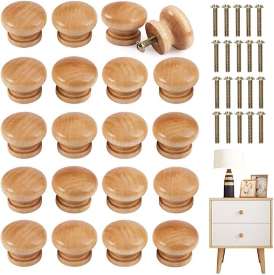 Ronde Houten Meubelknoppen Set 20 Stuks 28 x 21 mm Onbewerkt en Perfect voor Deuren en Meubels