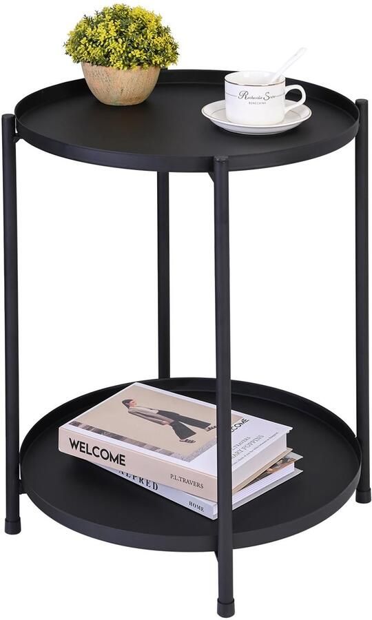 Ronde Industriële Bijzettafel met Verwijderbaar Metalen Dienblad en Opbergruimte voor Woonkamer en Slaapkamer