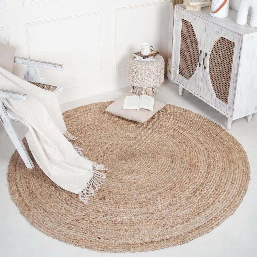 Ronde- Jute Tapijt D 122 cm Natuurlijke Gevlochten Jute Area Tapijt Rajasthani Stijl voor Home Decor Slaapkamer Hotel Omkeerbaar Tapijt