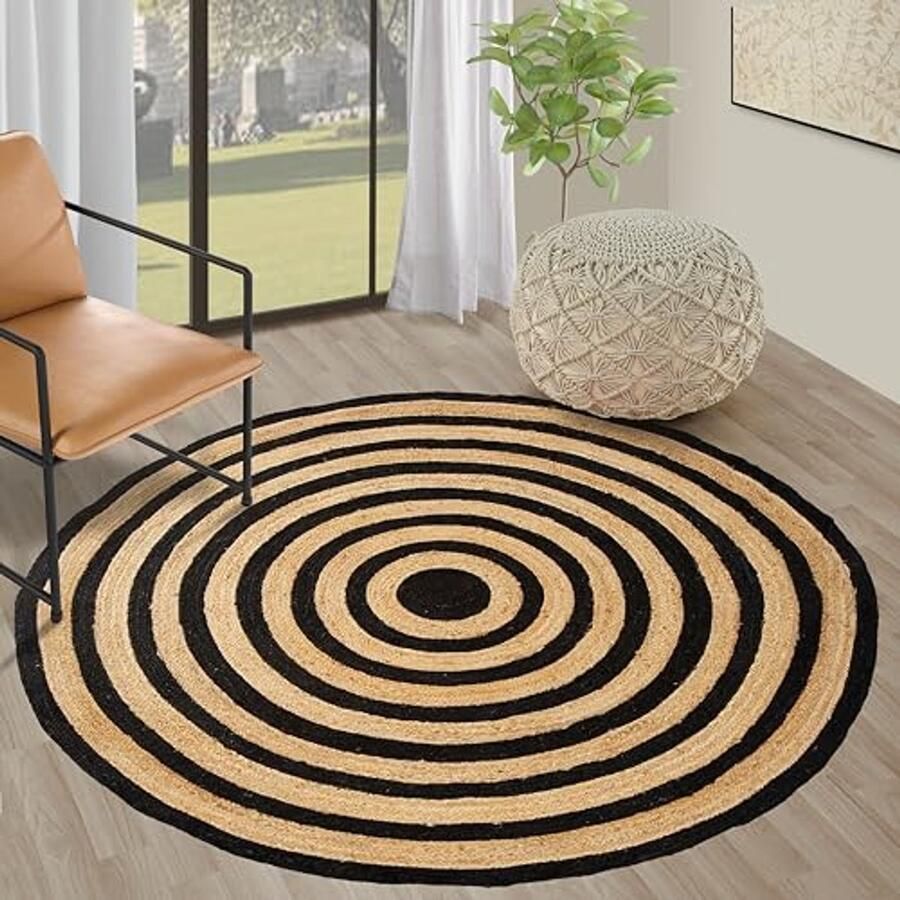 Ronde jute zwarte tapijten 9ft handgeweven boho omkeerbare gevlochten rustieke vintage tapijt voor binnen