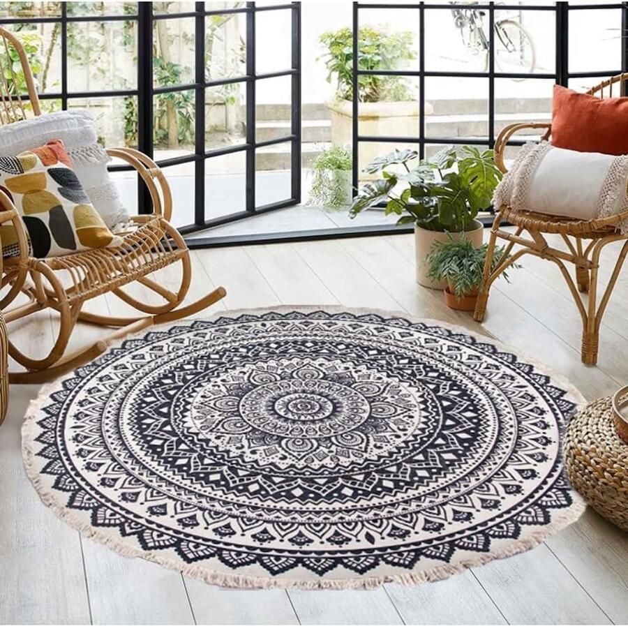 Ronde katoenen vloerkleed handgeweven kwastjes mandala-tapijt wasbaar tapijt Boheemse ultra zachte tapijtonderlaag antislip vloermat voor nachtkastje bank schommelstoel 90 cm