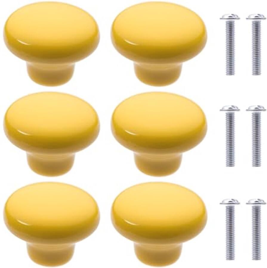 Ronde keramische meubelknoppen voor kinderkamer en keuken 6 stuks in geel wit lichtroze en lichtblauw