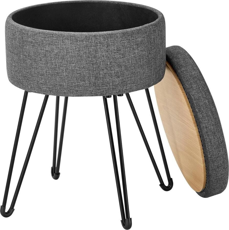 Ronde kruk met opbergruimte en metalen poten Leigrijs 39 x 44 cm Woonkamer slaapkamer LOM002G01 Kruk