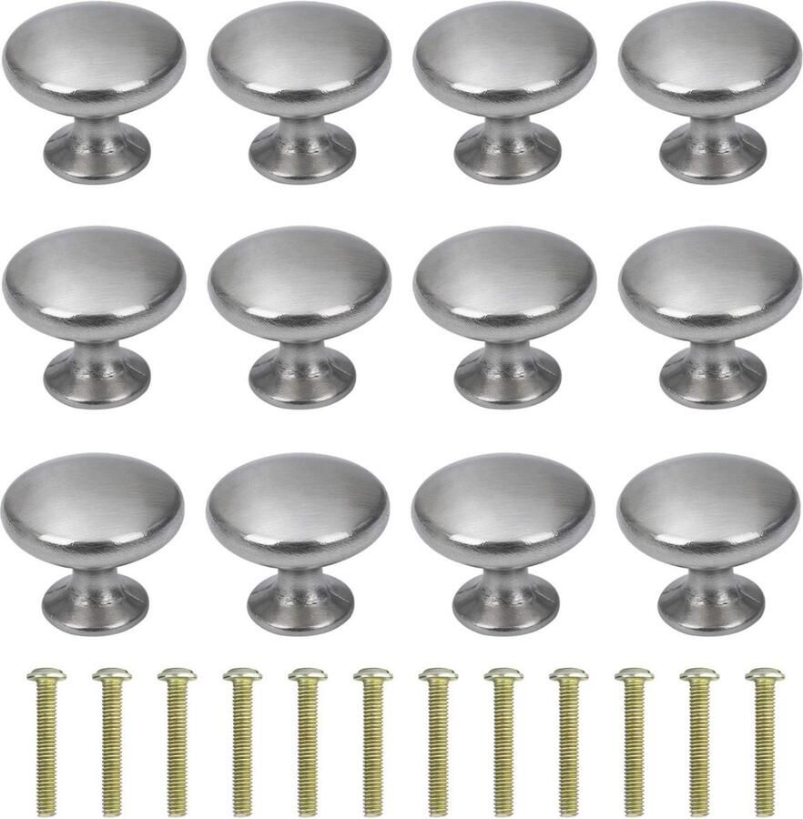 Ronde Ladeknoppen 30 mm Meubelknoppen met Schroeven voor Kasten en Lades (12 Stuks) Zilver Geborsteld