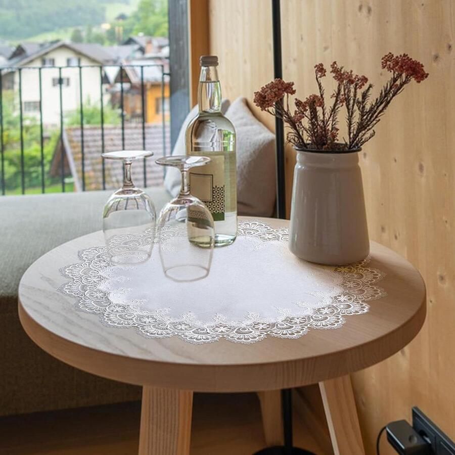 Ronde Linnen Doily 24 x 24 inch wit met kanten rand salontafel topper voor eetkamer keuken bruiloft decor (60 x 60 cm)