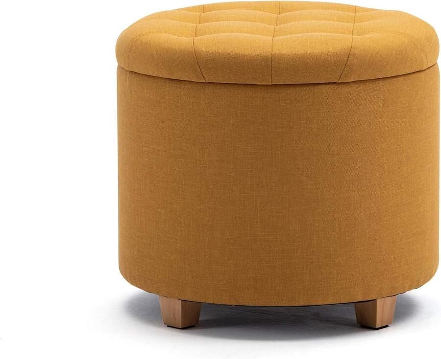 Ronde linnen Ottomaanse opbergkruk 45 cm gewatteerde zitting voetenbank poef stoel met deksel geel