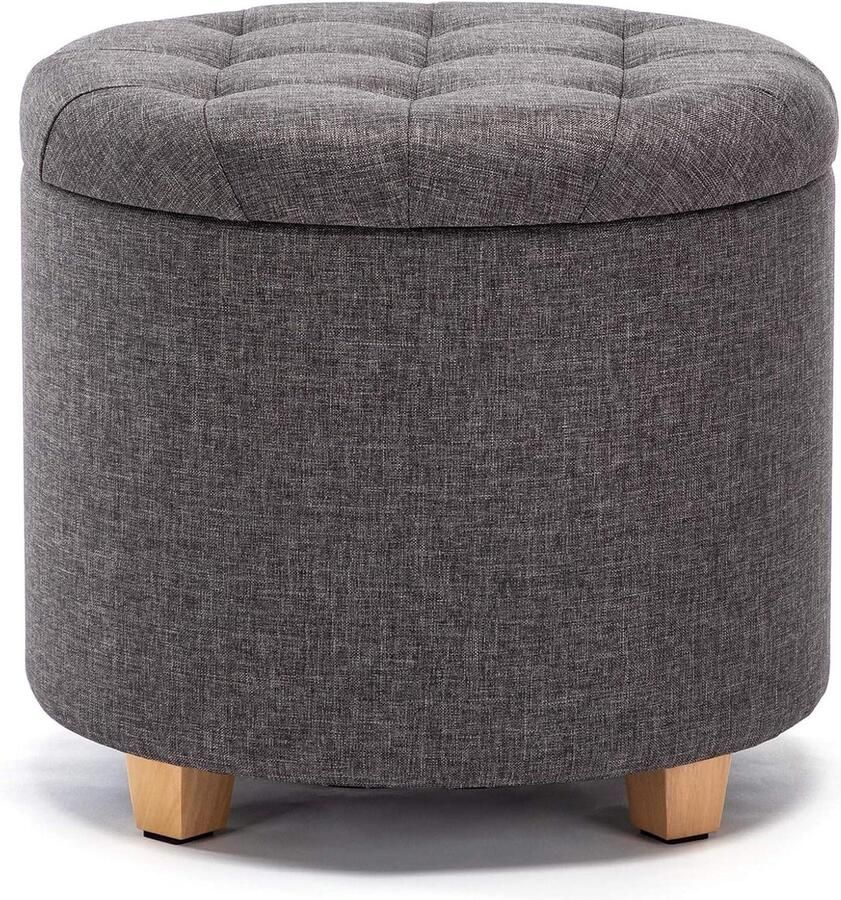 Ronde linnen Ottomaanse opbergkruk 45 cm met gewatteerde zitting en deksel voetenbank poef stoel (Houtskool)