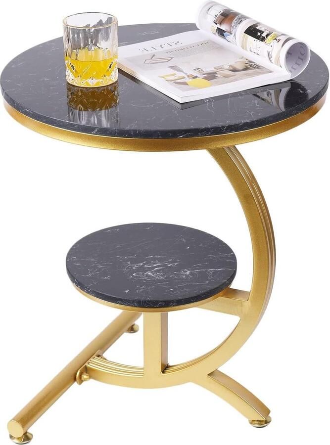 Ronde luxe marmeren salontafel Woonkamer bijzettafel hoektafel sofa einde nachtkastje (goud en zwart) nachtkastje zwart 60 cm hoog