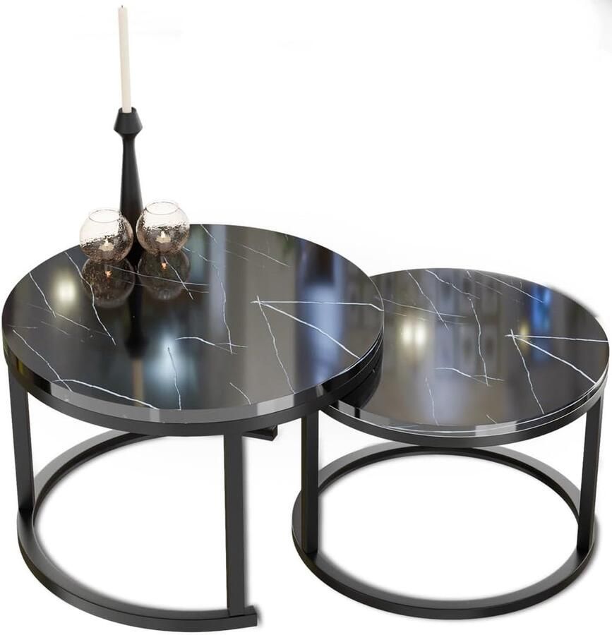 Goodivery New Salontafel rond marmer set van 2 ronde banktafel in zwart marmerlook met zwart metalen frame moderne tafel voor woonkamer slaapkamer en balkon Ø 70 Ø 50