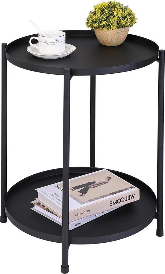 Ronde metalen bijzettafel met 2 lagen anti-roest en waterdichte kleine tafel woonkamer drinken snacks koffietafels verwijderbare lade nachtkastje (zwart) nachtkastje zwart 60 cm hoog