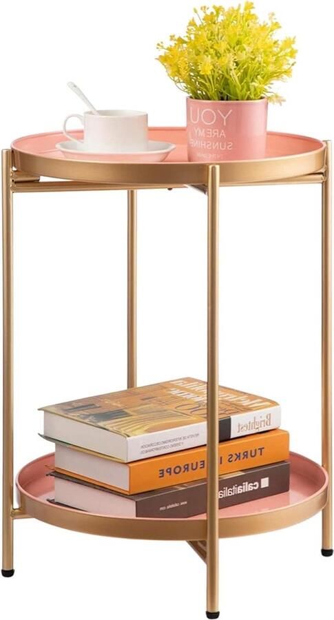Ronde Metalen Bijzettafel met 2 Lagen Goud en Roze Geschikt voor Woonkamer en Slaapkamer Nachtkastje
