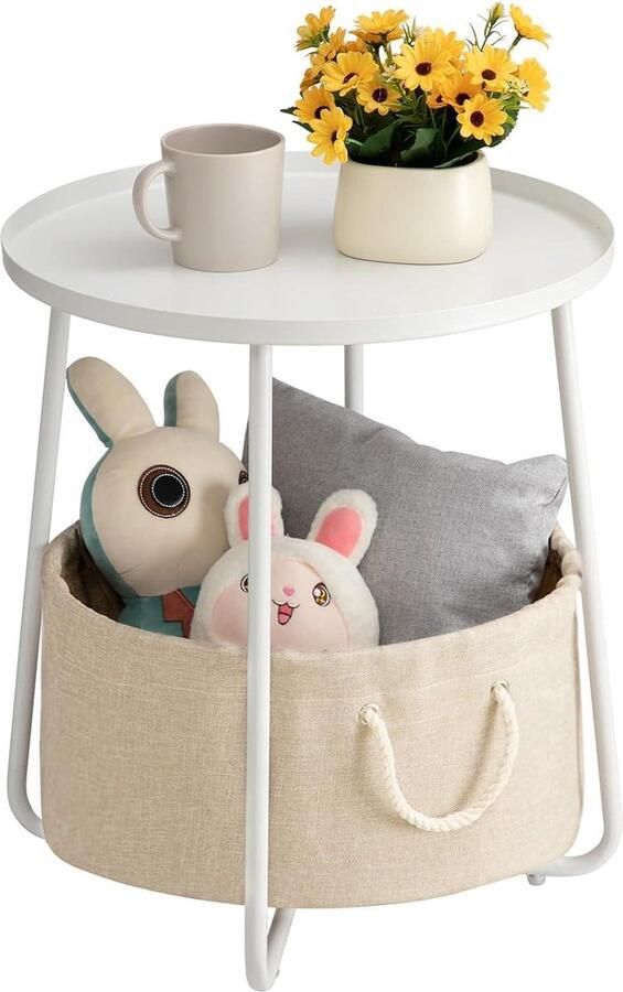 Ronde metalen bijzettafel met stoffen opbergmand voor kinderkamer woonkamer slaapkamer badkamer wit