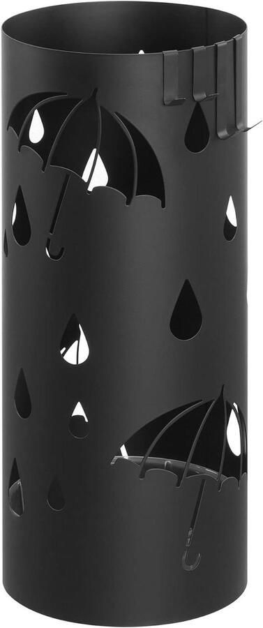 Ronde metalen paraplubak met 4 haken en verwijderbare wateropvangbak 17 x 41 cm (Ø x H) zwart