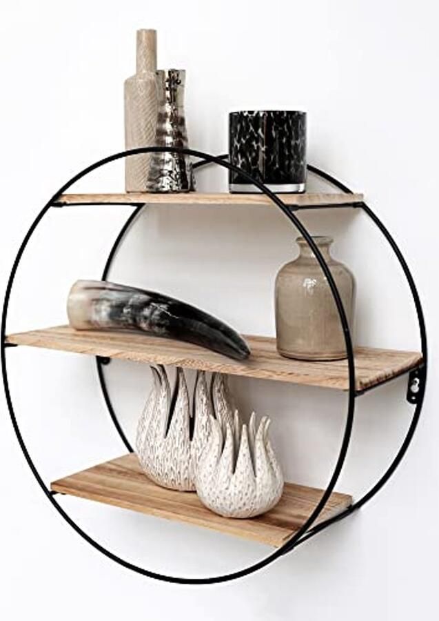Ronde Metalen Wandplank met 3 Houten Planken Wanddecoratie voor Woonkamer Slaapkamer en Kinderkamer