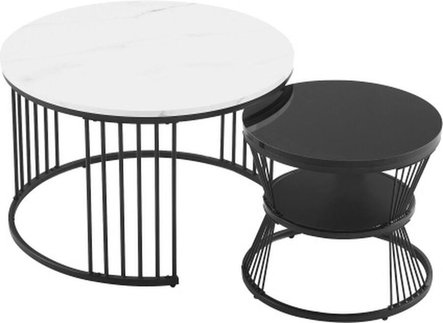 Zonder merk Gotagee Ronde nestbare salontafelset Bijzettafel bank Hoogglans Gemarmerd Zwart