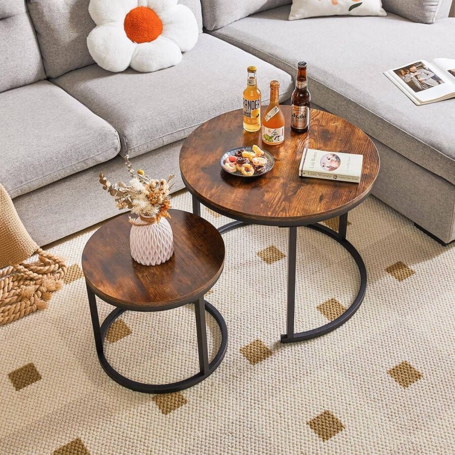 Ronde nesttafel afneembare set van 2 salontafels stapelbank bijzettafel voor woonkamer slaapkamer kantoor balkon appartement rustiek bruin