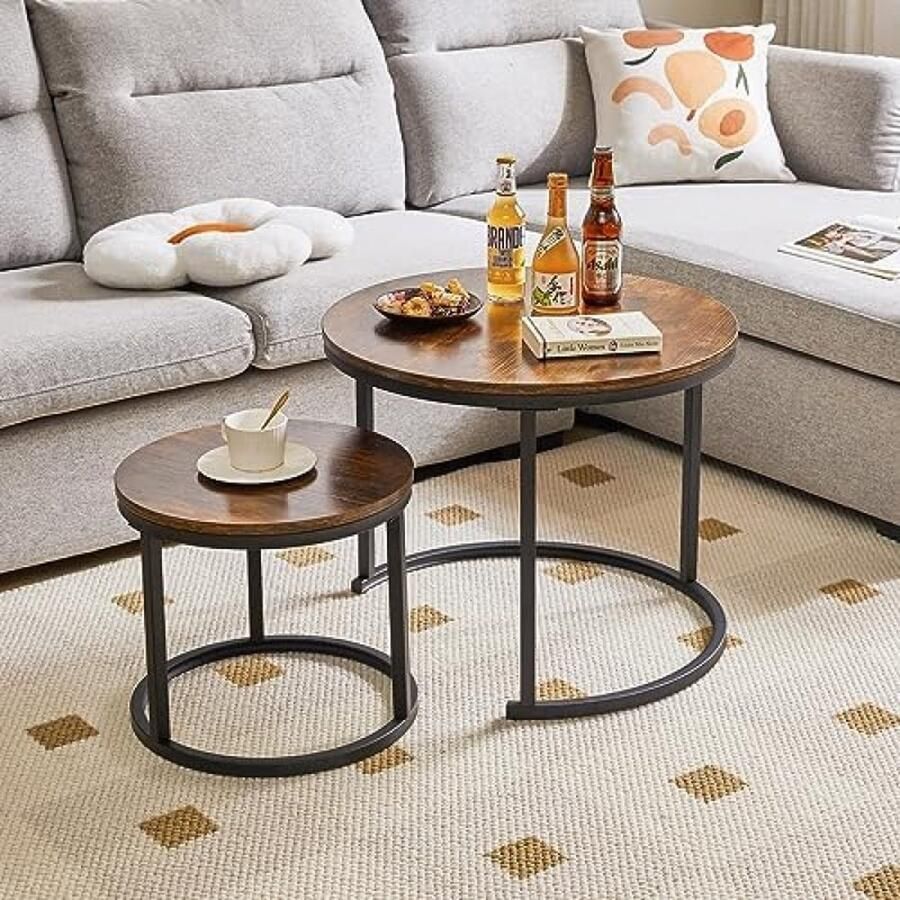 Ronde nesttafel afneembare set van 2 salontafels stapelbank bijzettafel voor woonkamer slaapkamer kantoor balkon appartement rustiek bruin