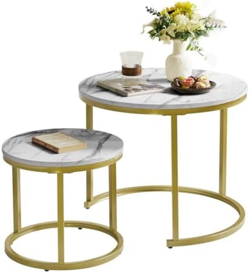 Ronde nesttafel afneembare set van 2 salontafels stapelbank bijzettafel voor woonkamer slaapkamer kantoor balkon appartement wit en goud